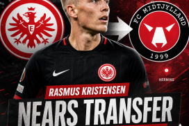 Portrait of Rasmus Kristensen smiling in an Eintracht Frankfurt jersey, hinting at his transfer to FC Midtjylland.