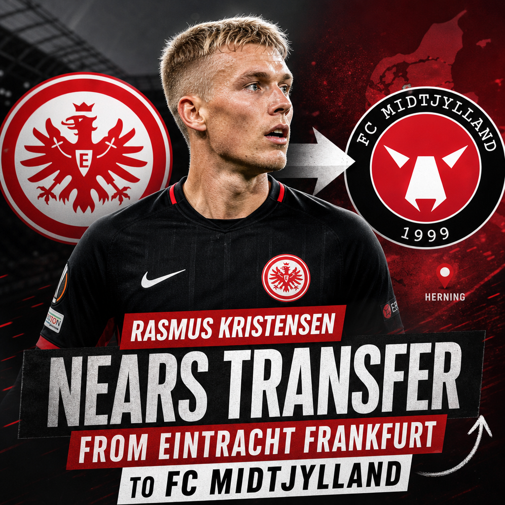 Portrait of Rasmus Kristensen smiling in an Eintracht Frankfurt jersey, hinting at his transfer to FC Midtjylland.