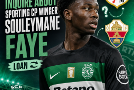 Portrait of Souleymane Faye in Sporting CP kit, on the pitch during a match.