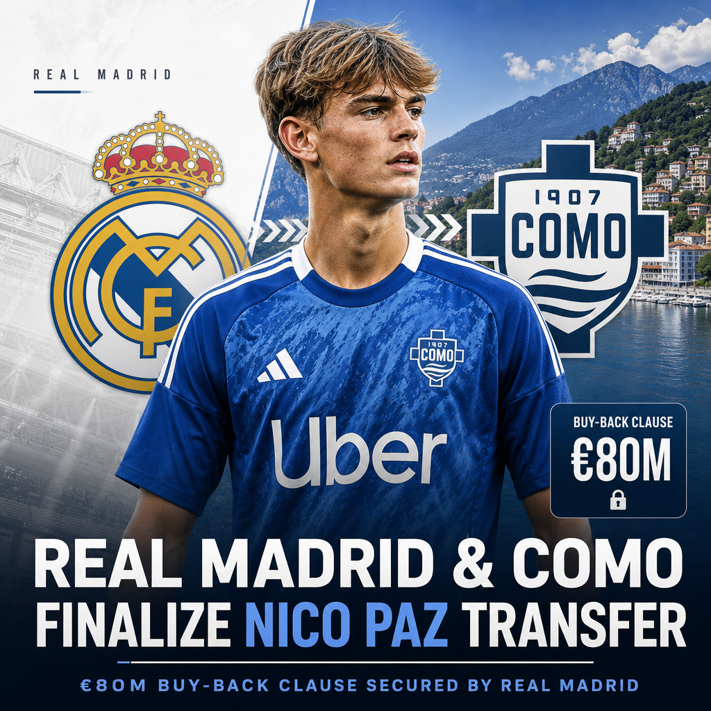 Nico Paz wearing Real Madrid kit, looking focused with a blurred stadium background.