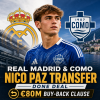 Nico Paz shaking hands with Real Madrid and Como representatives, finalizing his transfer with an €80M buy-back clause.