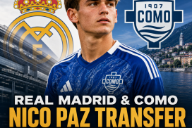 Nico Paz shaking hands with Real Madrid and Como representatives, finalizing his transfer with an €80M buy-back clause.