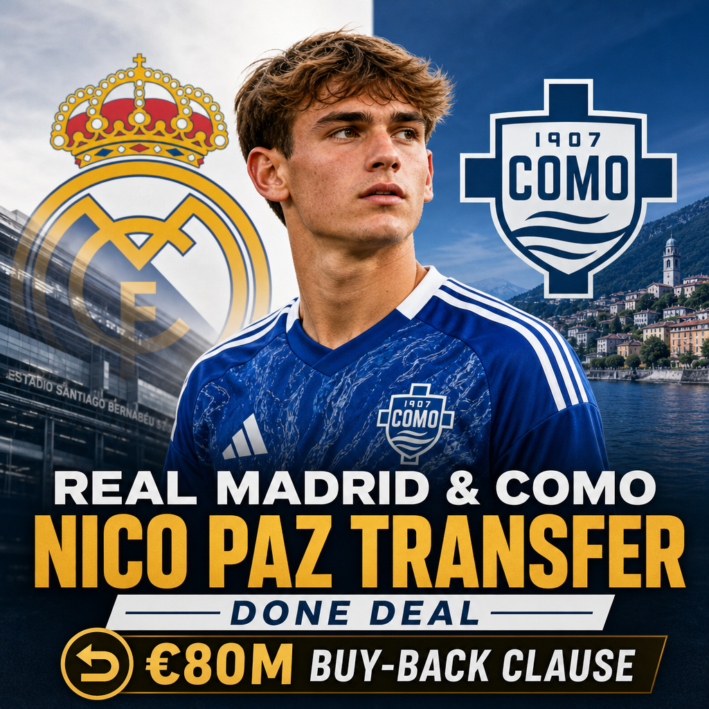 Nico Paz shaking hands with Real Madrid and Como representatives, finalizing his transfer with an €80M buy-back clause.