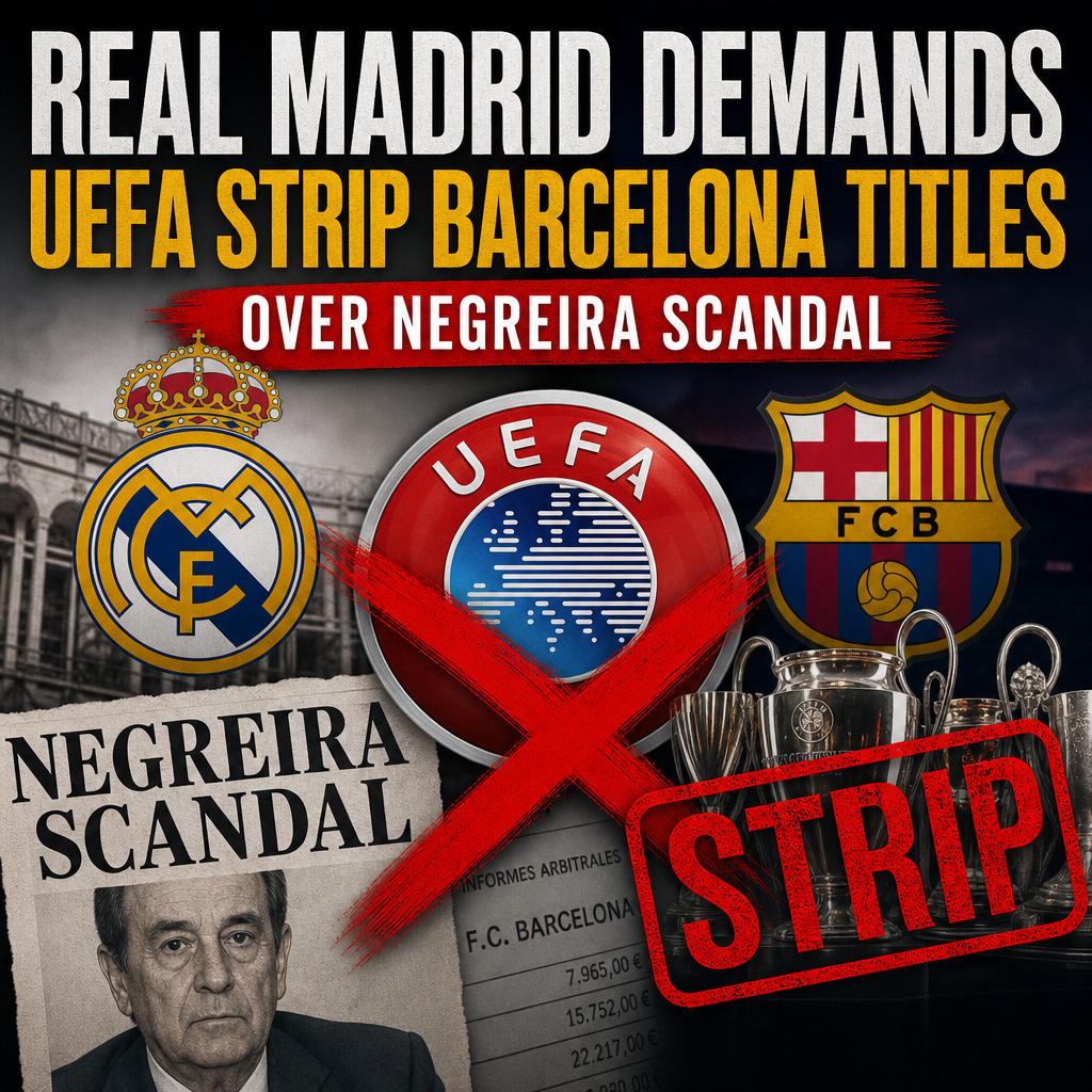 Real Madrid officials at a press conference demanding UEFA strip Barcelona of titles over the Negreira scandal.