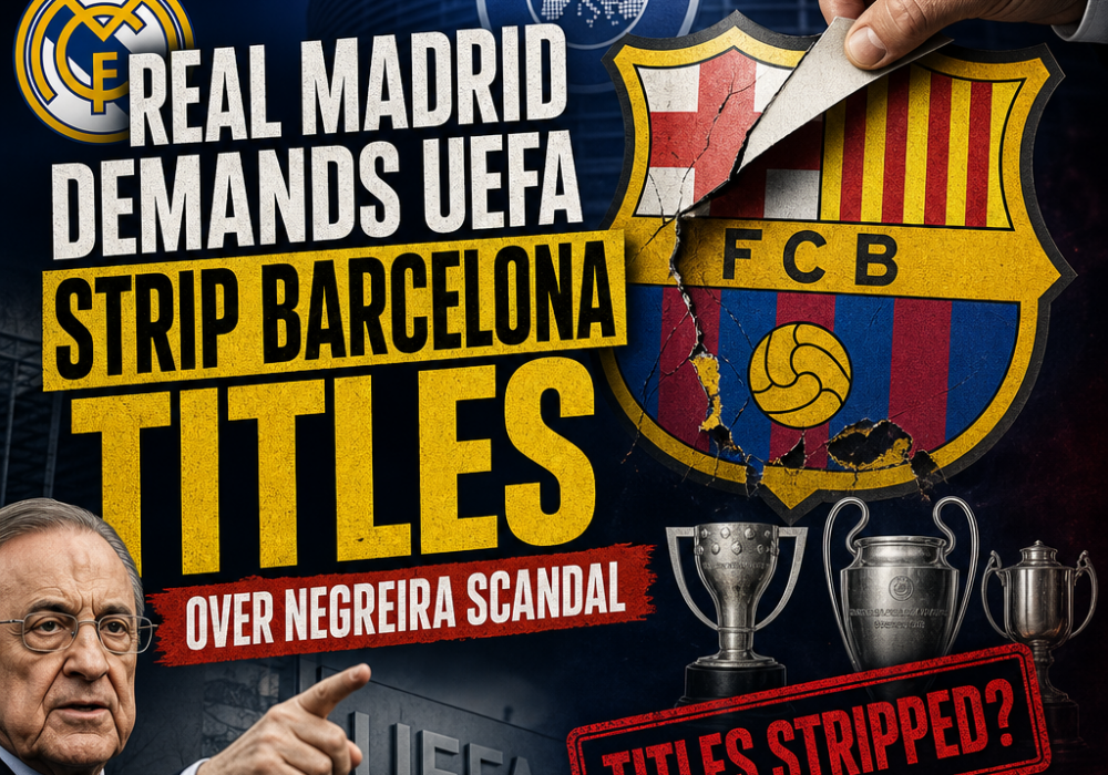 Real Madrid officials addressing the media, demanding UEFA strip Barcelona of titles over the Negreira scandal.