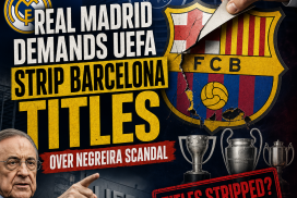 Real Madrid officials addressing the media, demanding UEFA strip Barcelona of titles over the Negreira scandal.