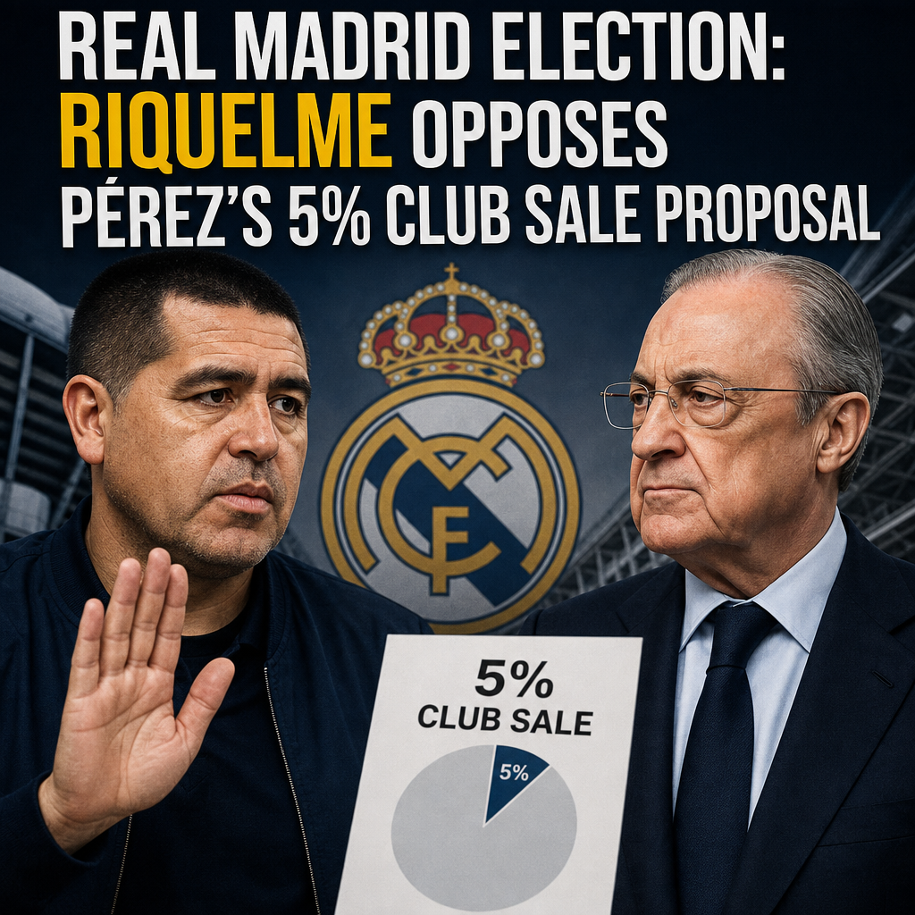 Real Madrid election meeting with shelves of trophies and images behind a speaker at a podium.