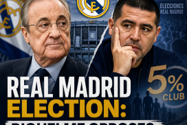 Real Madrid voting scene showing fans holding up signs amid election controversy over Pérez’s 5% club sale plan.