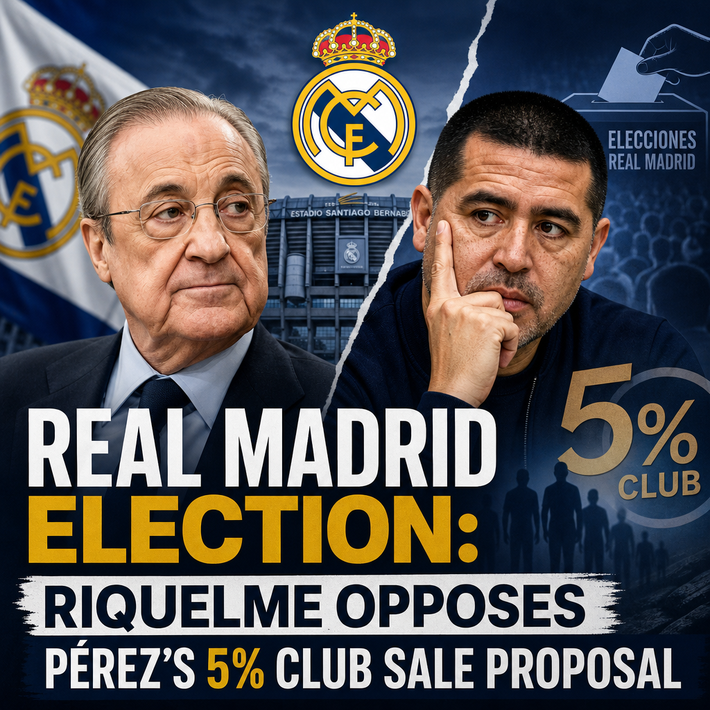 Real Madrid voting scene showing fans holding up signs amid election controversy over Pérez’s 5% club sale plan.