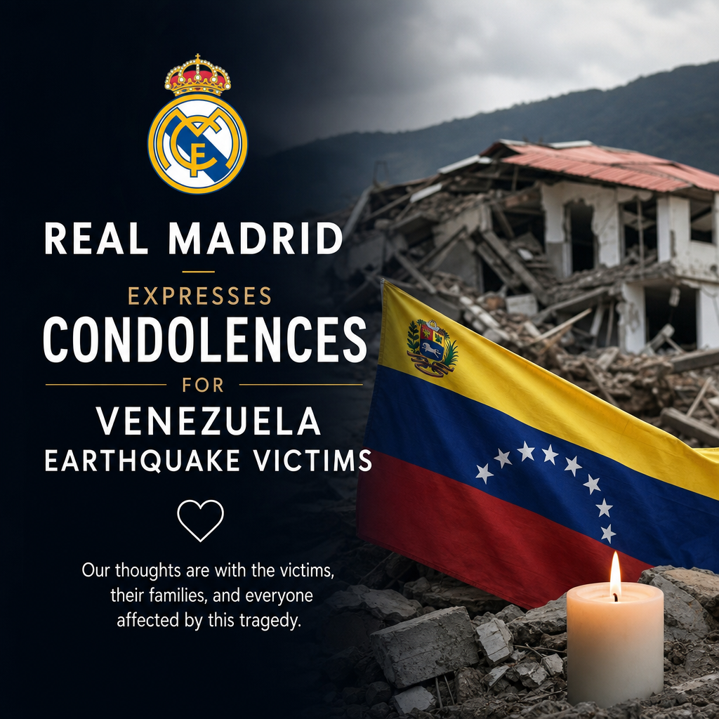 Real Madrid players in white hold a banner expressing condolences and support for Venezuela earthquake victims.