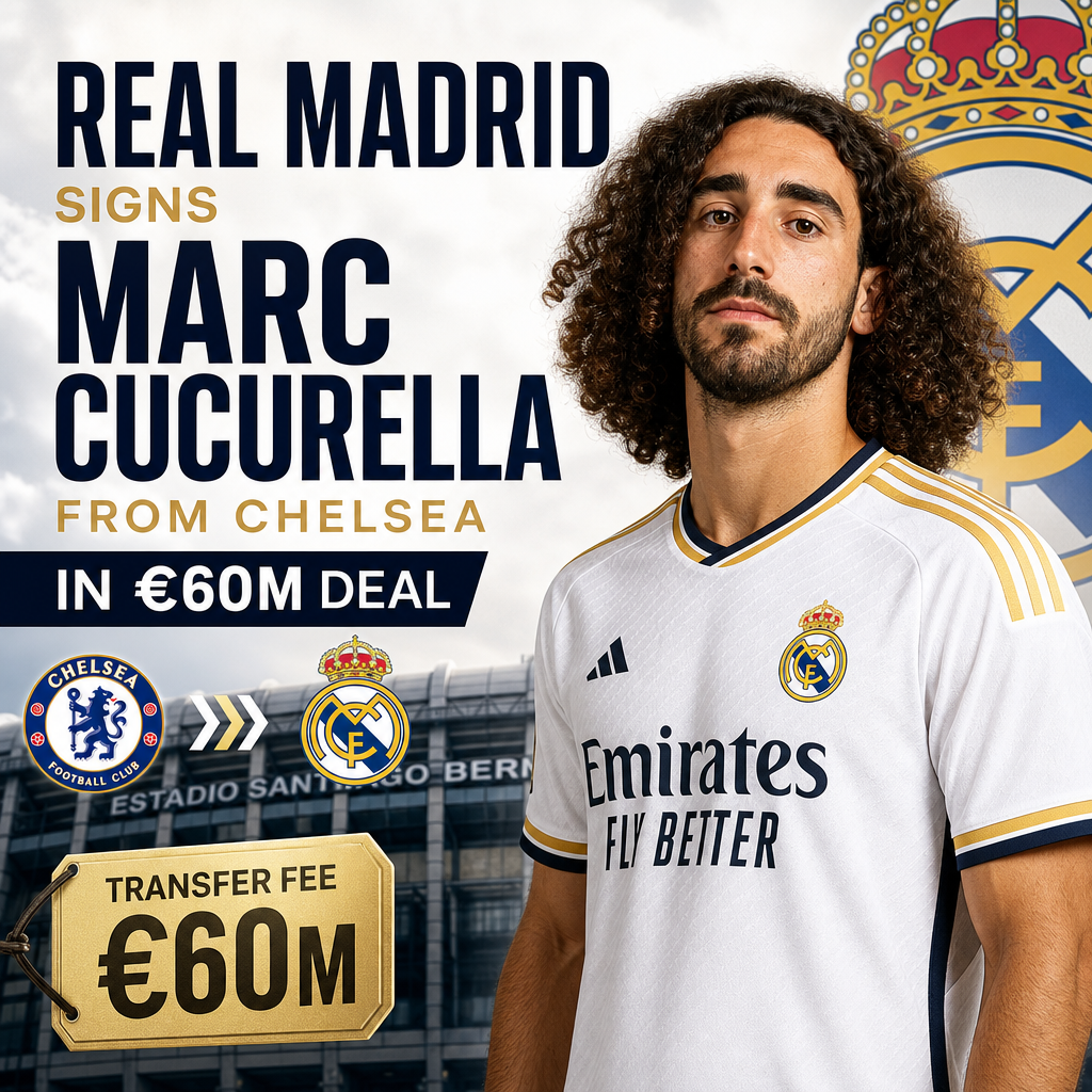 Marc Cucurella in a Real Madrid jersey, celebrating his transfer from Chelsea in a €60 million deal.