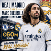 Marc Cucurella in a Real Madrid jersey celebrating his signing from Chelsea in a €60 million transfer.