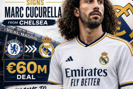Marc Cucurella in a Real Madrid jersey celebrating his signing from Chelsea in a €60 million transfer.