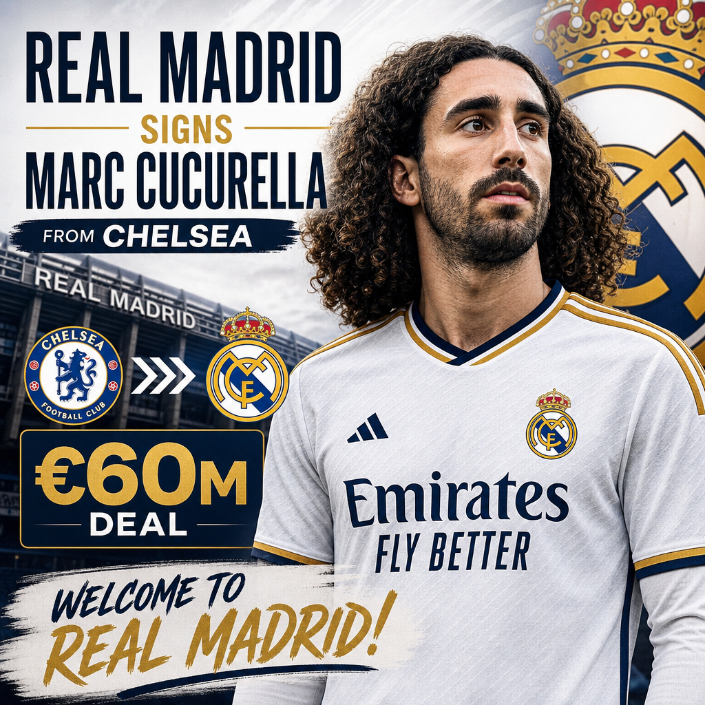 Marc Cucurella in a Real Madrid jersey celebrating his signing from Chelsea in a €60 million transfer.