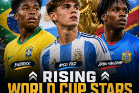 Three young football stars Endrick, Nico Paz, and Johan Manzambi posing confidently as rising World Cup talents.