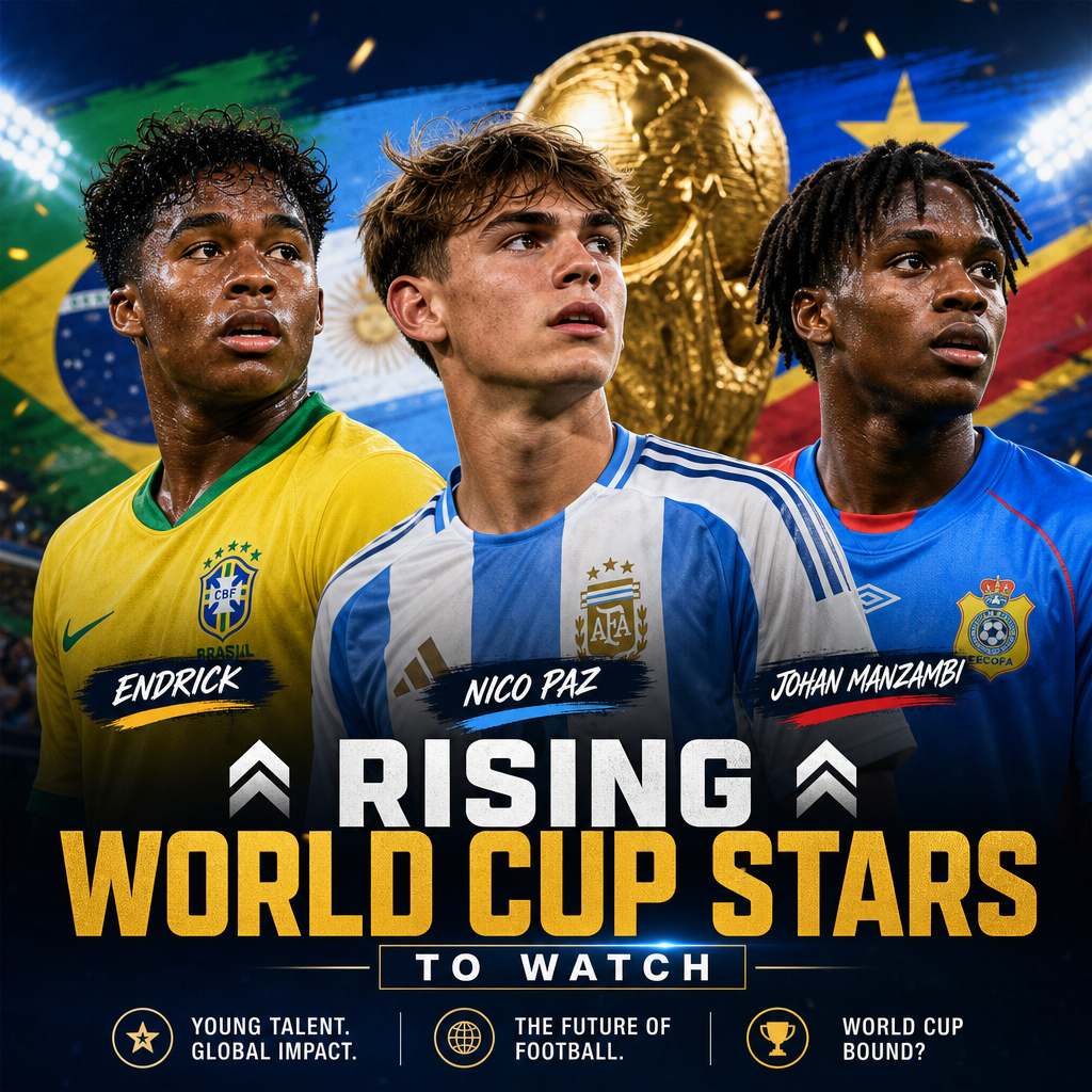 Three young football stars Endrick, Nico Paz, and Johan Manzambi posing confidently as rising World Cup talents.
