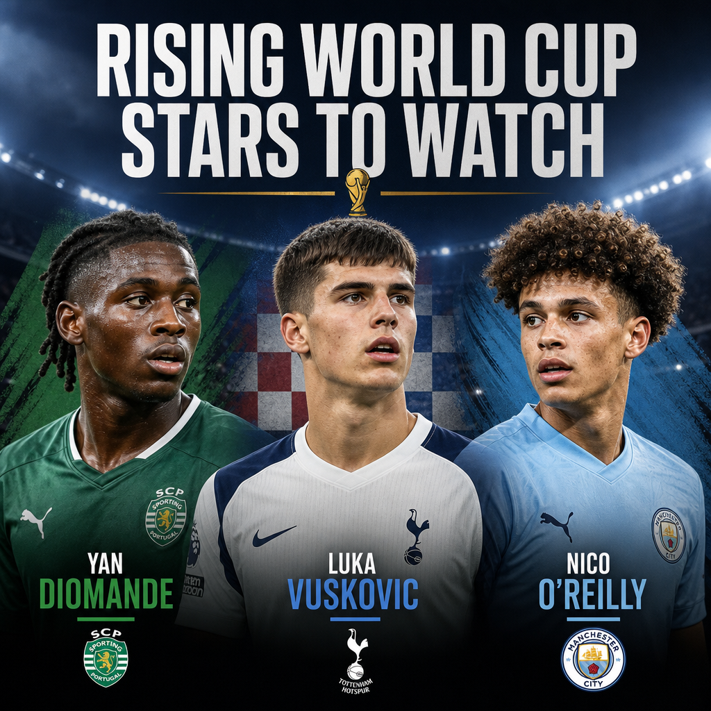 Portraits of rising World Cup stars Yan Diomande, Luka Vuskovic, and Nico O'Reilly in soccer jerseys.