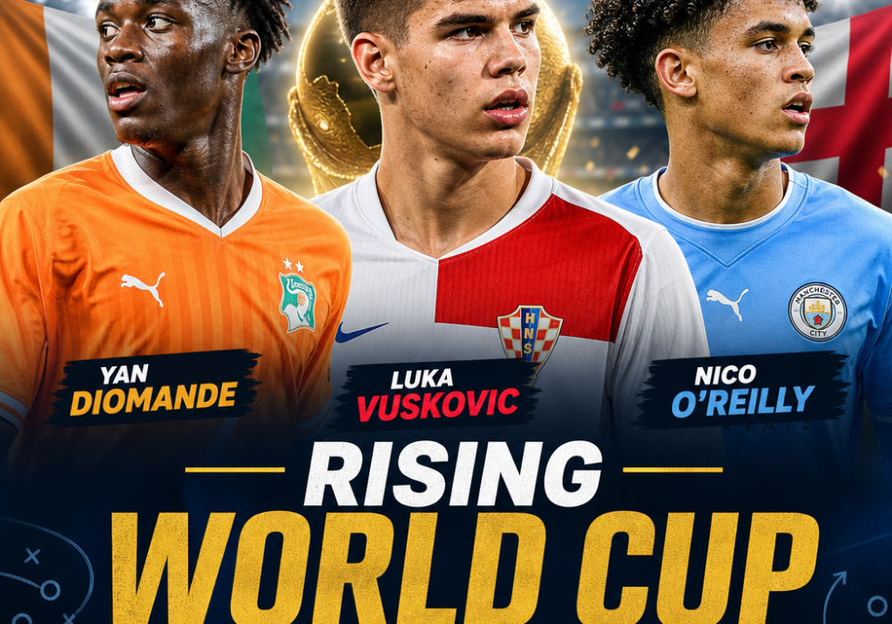 Portraits of Yan Diomande, Luka Vuskovic, and Nico O'Reilly, rising stars to watch at the World Cup.