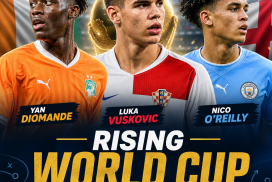 Portraits of Yan Diomande, Luka Vuskovic, and Nico O'Reilly, rising stars to watch at the World Cup.