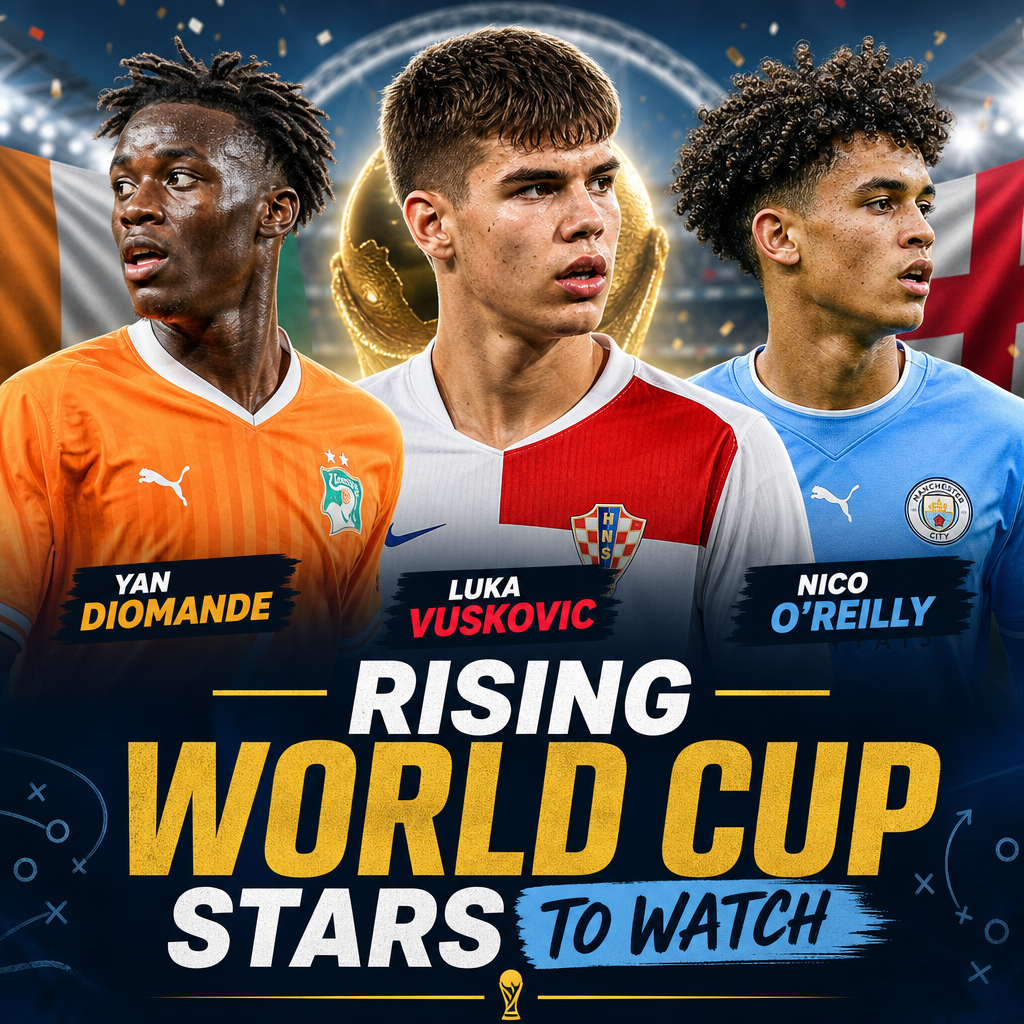 Portraits of Yan Diomande, Luka Vuskovic, and Nico O'Reilly, rising stars to watch at the World Cup.