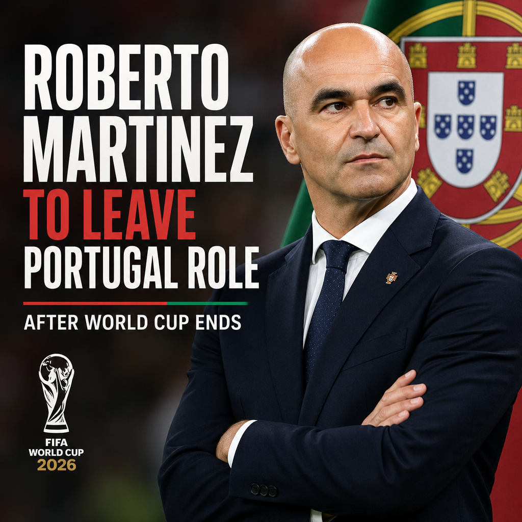 Roberto Martinez speaking at a press conference, announcing his departure from Portugal football role after World Cup 2026.