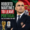 Roberto Martinez in a suit speaking on a football field with players in the background.