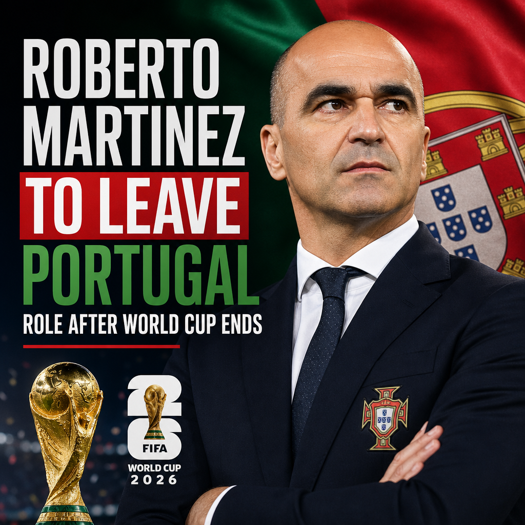 Roberto Martinez in a suit speaking on a football field with players in the background.
