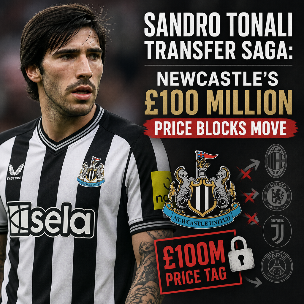 Sandro Tonali wearing AC Milan jersey, highlighted with £100 million price tag amid transfer rumors.