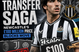 Sandro Tonali in AC Milan jersey with Newcastle and £100 million transfer text overlay.