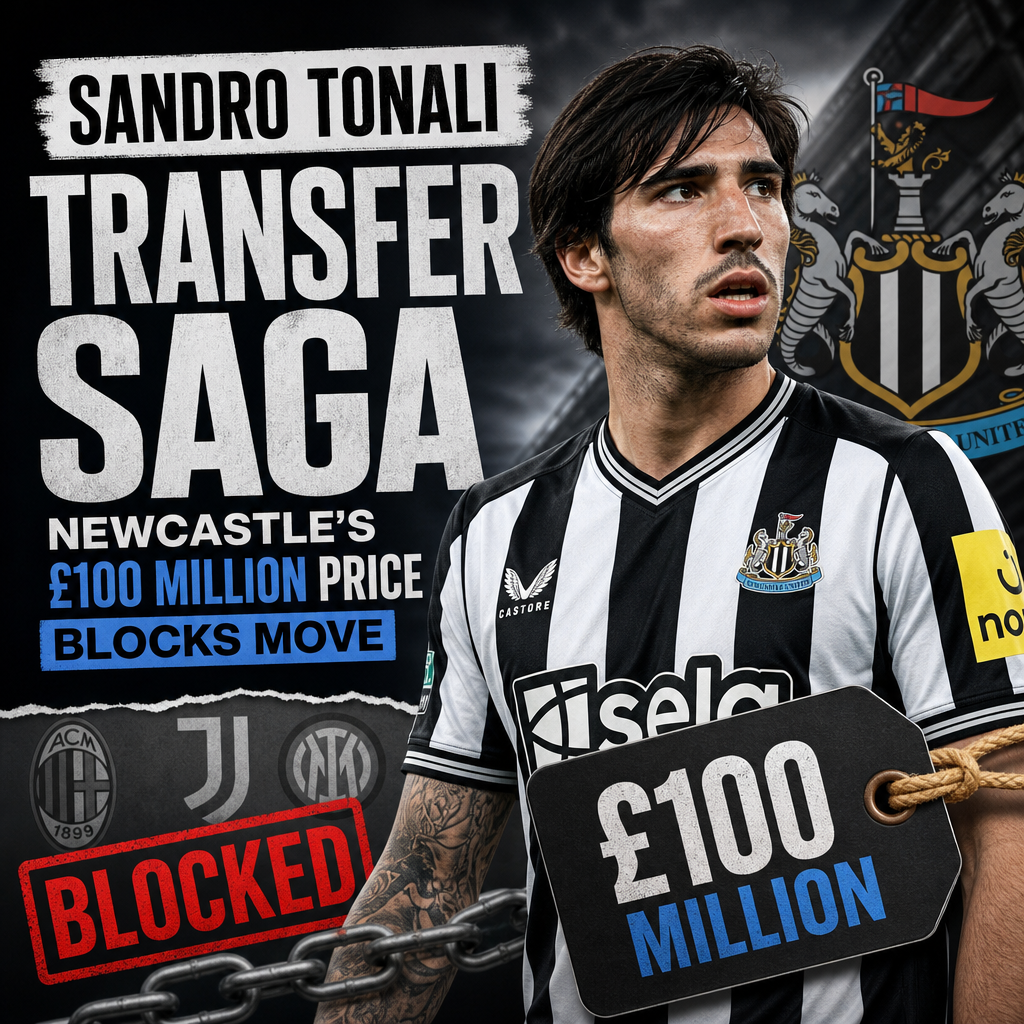 Sandro Tonali in AC Milan jersey with Newcastle and £100 million transfer text overlay.