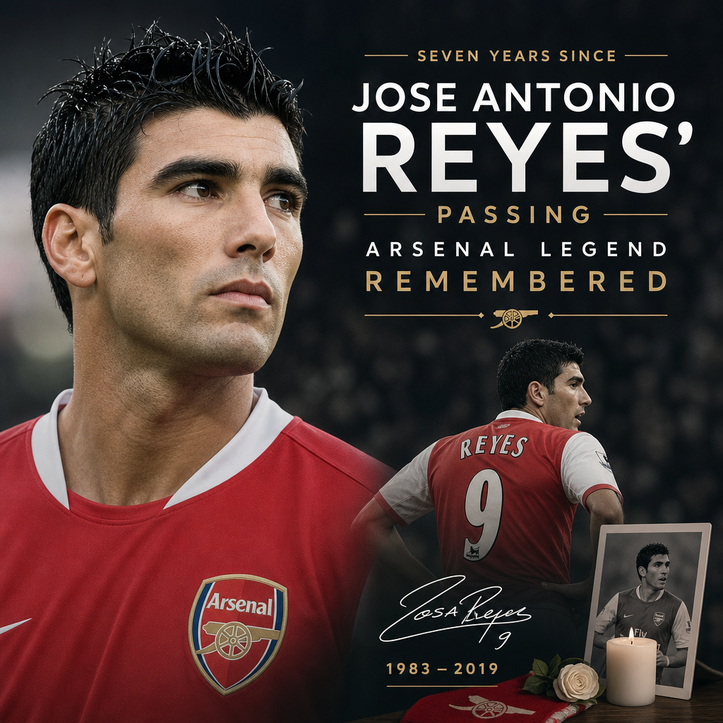 Portrait of Jose Antonio Reyes with Arsenal logo, honoring seven years since his passing.