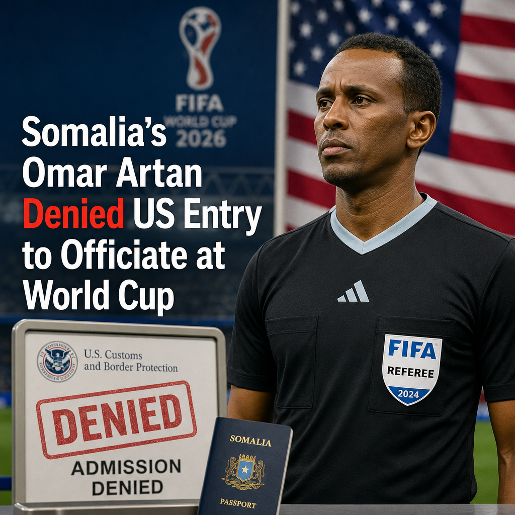 Somalia's Omar Artan speaking at a podium with a serious expression, wearing glasses and a gray suit.
