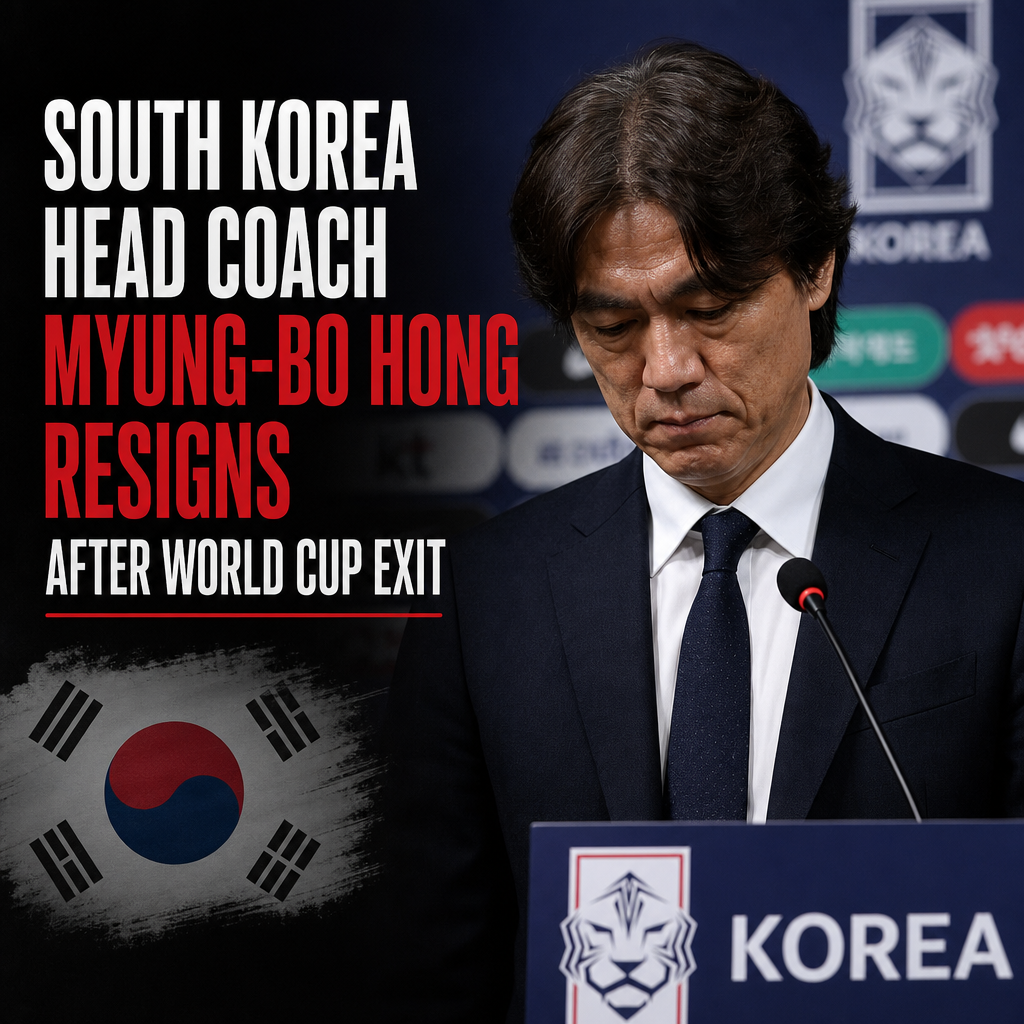South Korea head coach Myung-Bo Hong speaking at a press conference, announcing his resignation after World Cup exit.