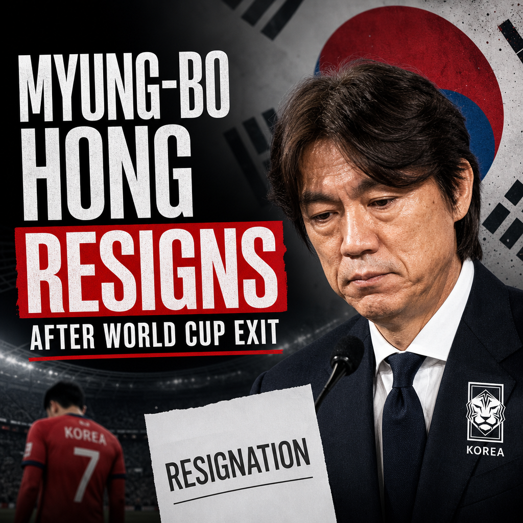 South Korea football coach Myung-Bo Hong speaking at a press conference after resigning post-World Cup exit.