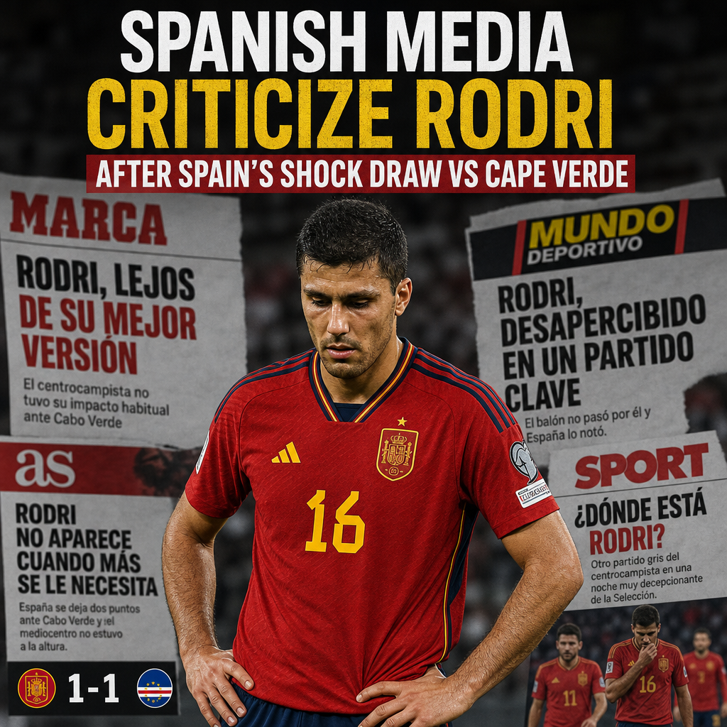 Spanish footballer Rodri looking disappointed on the field after Spain's 1-1 draw with Cape Verde.