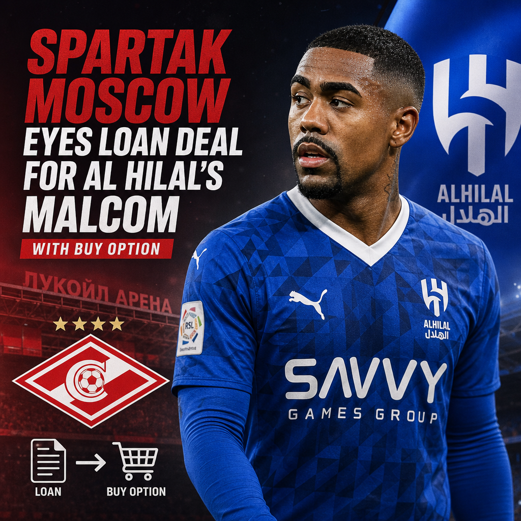 Spartak Moscow and Al Hilal logos with Malcom's photo and loan deal text background.