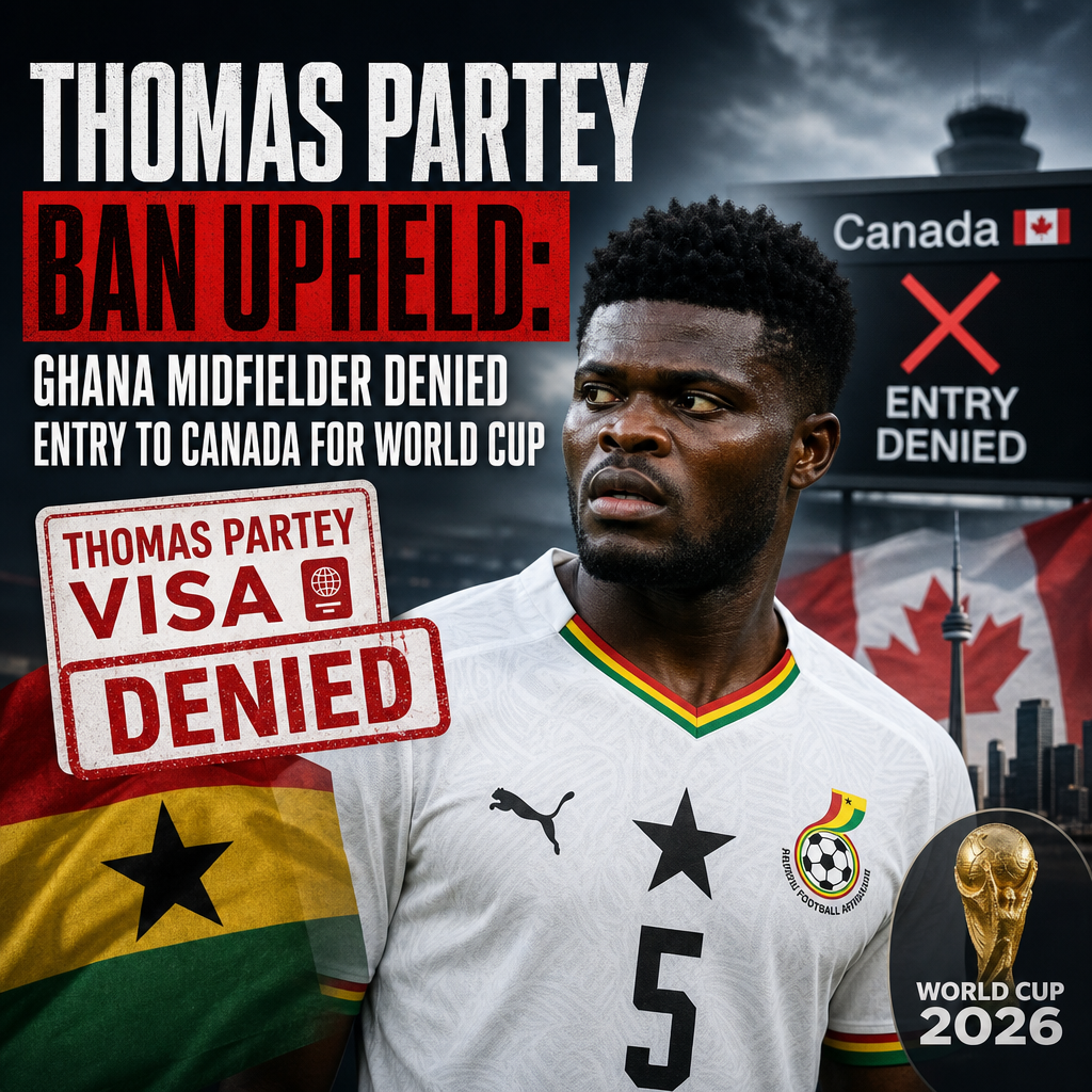 Ghana midfielder Thomas Partey at an airport, denied entry to Canada due to a visa ban.