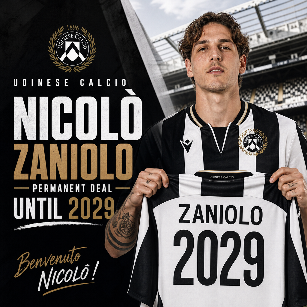 Nicolò Zaniolo signs a contract with Udinese Calcio, shaking hands in front of club logos.