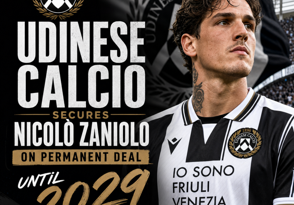 Nicolò Zaniolo in Udinese Calcio jersey celebrating his permanent signing until 2029.