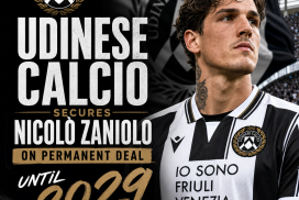 Nicolò Zaniolo in Udinese Calcio jersey celebrating his permanent signing until 2029.