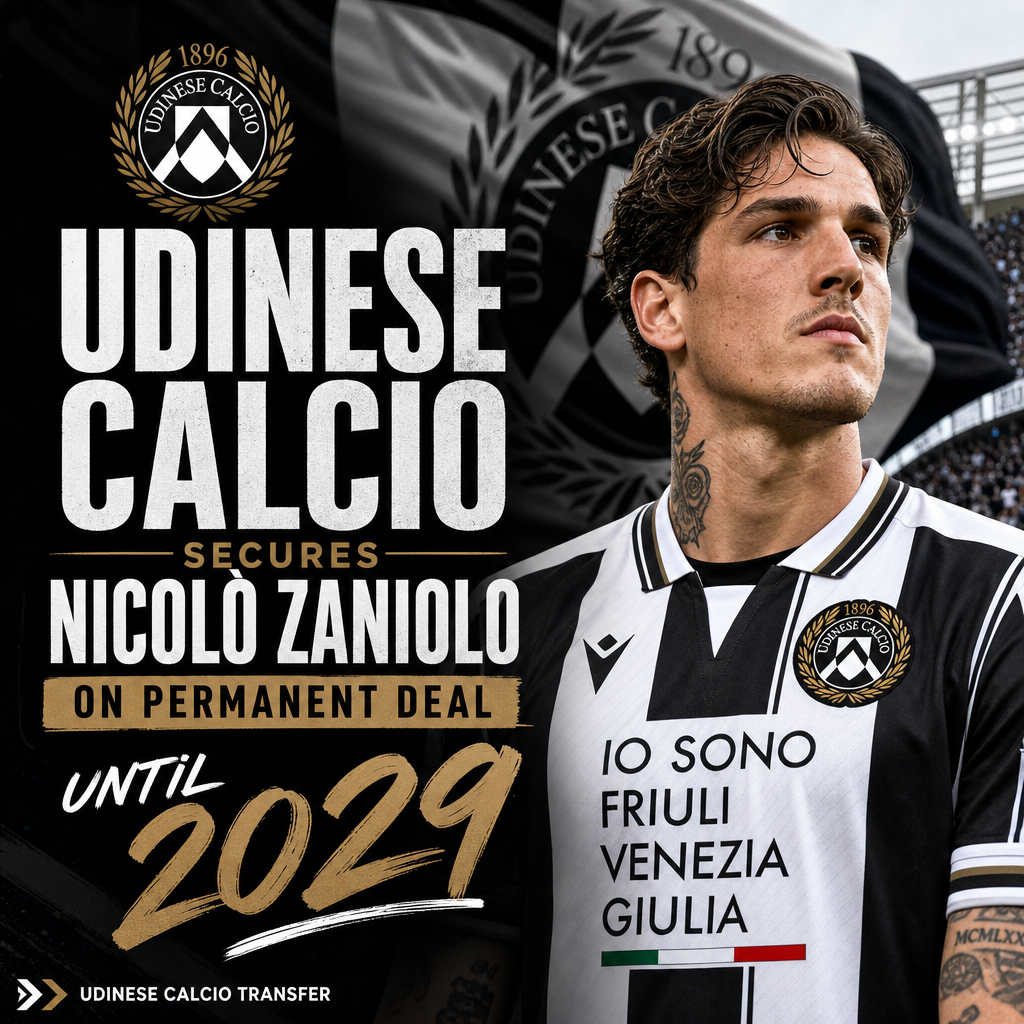 Nicolò Zaniolo in Udinese Calcio jersey celebrating his permanent signing until 2029.