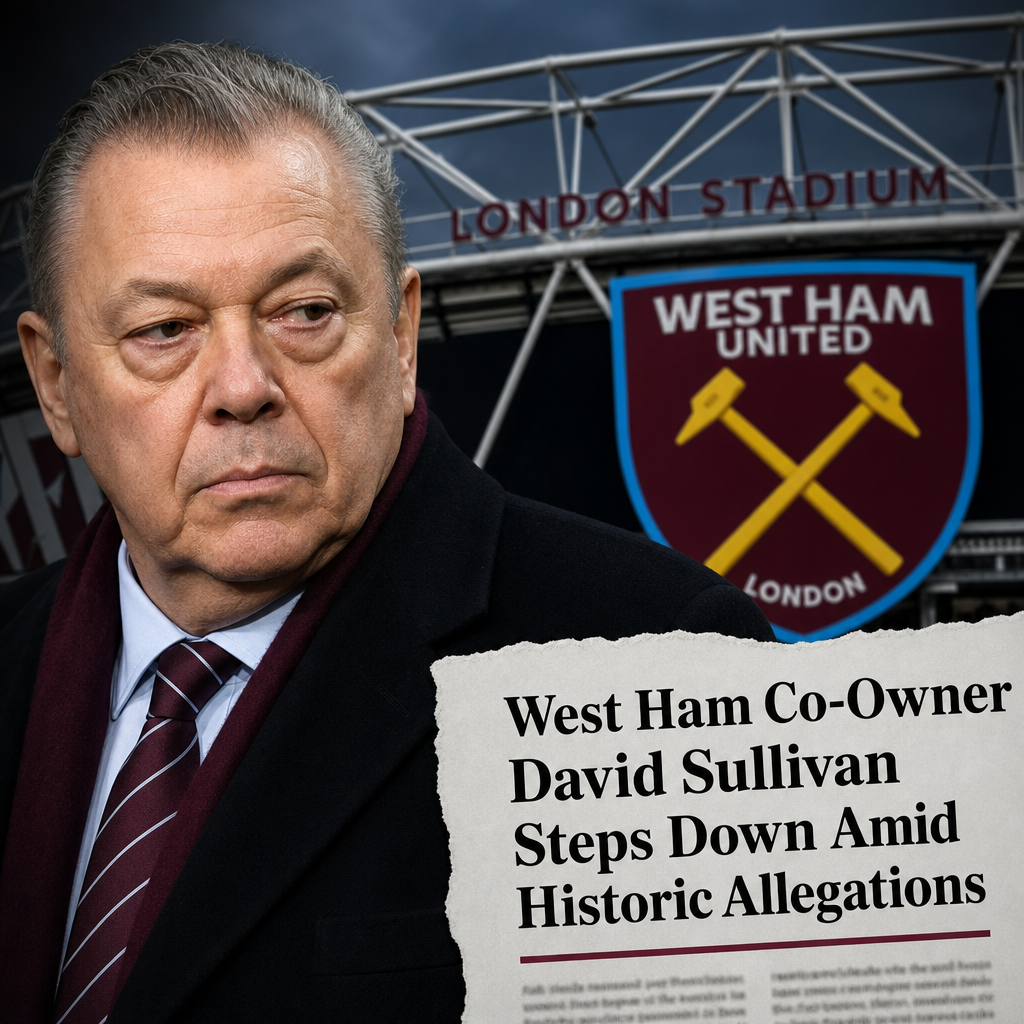 David Sullivan, West Ham co-owner, speaking at a press event with London Stadium in the background.