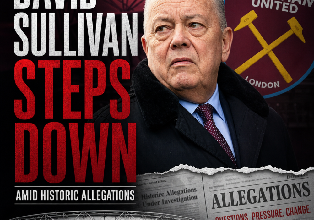 David Sullivan speaking at a podium, stepping down as West Ham United co-owner amid allegations.