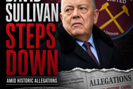 David Sullivan speaking at a podium, stepping down as West Ham United co-owner amid allegations.