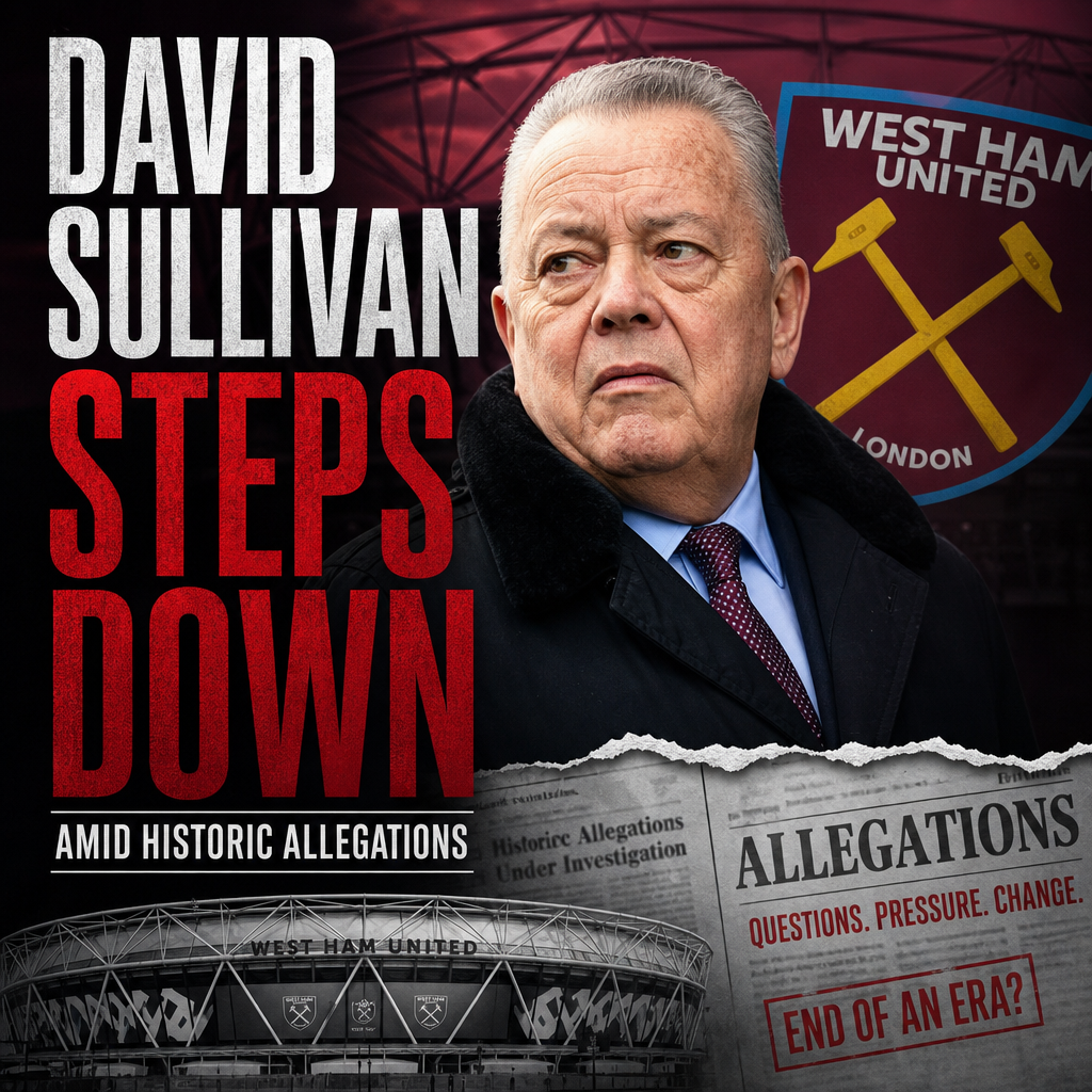 David Sullivan speaking at a podium, stepping down as West Ham United co-owner amid allegations.