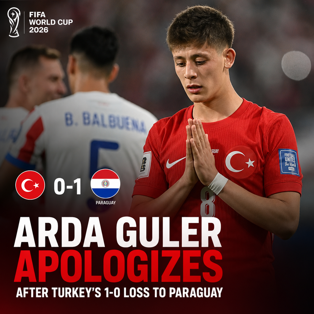 Arda Guler with a disappointed expression, apologizing after Turkey's 1-0 loss to Paraguay in World Cup 2026.