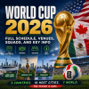 Map showing 16 World Cup 2026 venues across USA, Mexico, and Canada with schedule details and host cities.