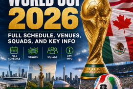 Map showing 16 World Cup 2026 venues across USA, Mexico, and Canada with schedule details and host cities.