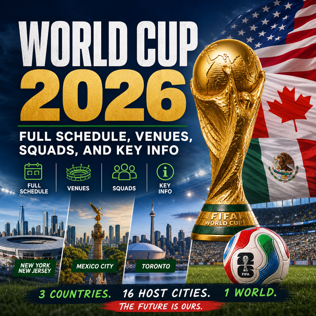 Map showing 16 World Cup 2026 venues across USA, Mexico, and Canada with schedule details and host cities.