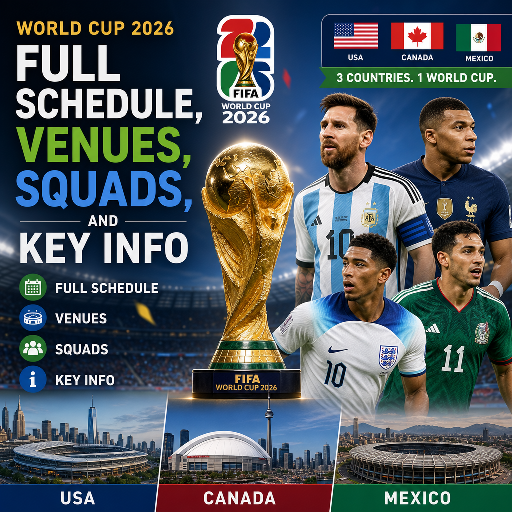 Map showing FIFA World Cup 2026 host cities in the USA, Canada, and Mexico with dates and stadiums.